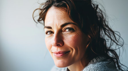 Portrait of a happy middle-aged woman looks in camera on white background.の素材