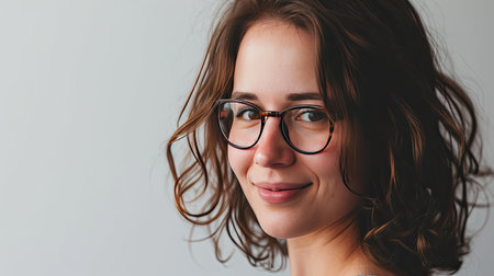 Portrait of a happy middle-aged woman looks in camera on white background.の素材