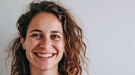 Portrait of a happy middle-aged woman looks in camera on white background.の素材