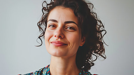 Portrait of a happy middle-aged woman looks in camera on white background.の素材