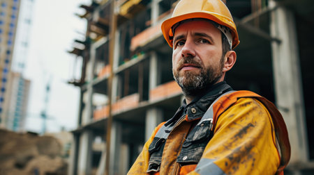 Portrait of a construction worker dressed in work uniform and wearing a hard hat. He is posing at his work site, a building under constructionの素材