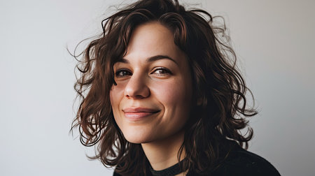 Portrait of a happy middle-aged woman looks in camera on white background.の素材