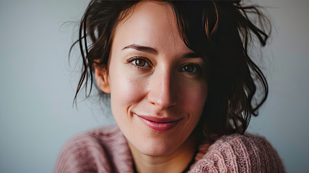 Portrait of a happy middle-aged woman looks in camera on white background.の素材