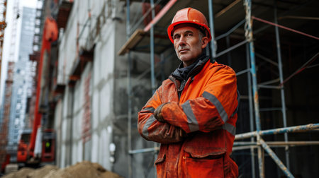 Portrait of a construction worker dressed in work uniform and wearing a hard hat. He is posing at his work site, a building under constructionの素材