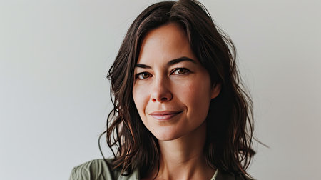 Portrait of a happy middle-aged woman looks in camera on white background.の素材