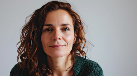 Portrait of a happy middle-aged woman looks in camera on white background.の素材