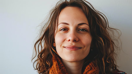 Portrait of a happy middle-aged woman looks in camera on white background.の素材