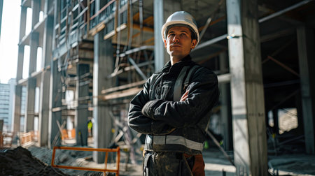 Portrait of a construction worker dressed in work uniform and wearing a hard hat. He is posing at his work site, a building under constructionの素材