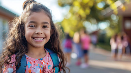 Portrait of a child girl on her first day at school.の素材