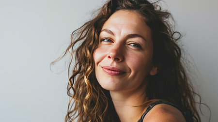 Portrait of a happy middle-aged woman looks in camera on white background.の素材