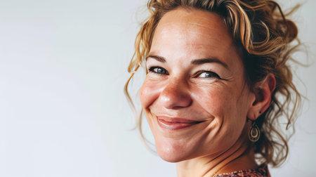 Portrait of a happy middle-aged woman looks in camera on white background.の素材