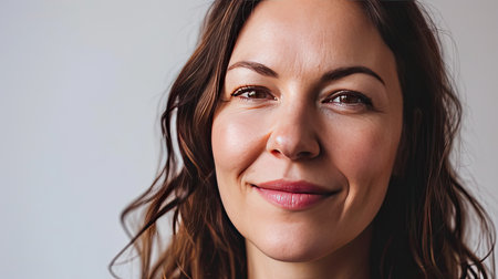 Portrait of a happy middle-aged woman looks in camera on white background.の素材