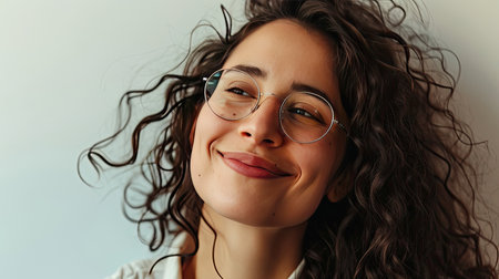 Portrait of a happy middle-aged woman looks in camera on white background.の素材