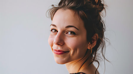 Portrait of a happy middle-aged woman looks in camera on white background.の素材