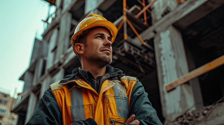 Portrait of a construction worker dressed in work uniform and wearing a hard hat. He is posing at his work site, a building under constructionの素材