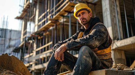 Portrait of a construction worker dressed in work uniform and wearing a hard hat. He is posing at his work site, a building under constructionの素材