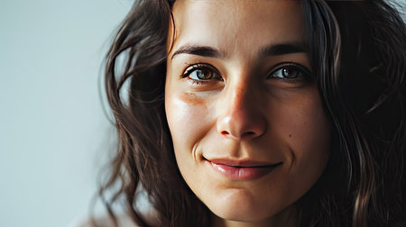 Portrait of a happy middle-aged woman looks in camera on white background.の素材