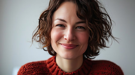 Portrait of a happy middle-aged woman looks in camera on white background.の素材