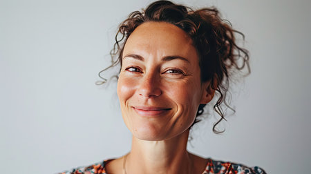 Portrait of a happy middle-aged woman looks in camera on white background.の素材