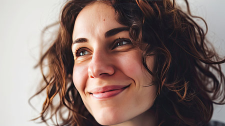 Portrait of a happy middle-aged woman looks in camera on white background.の素材