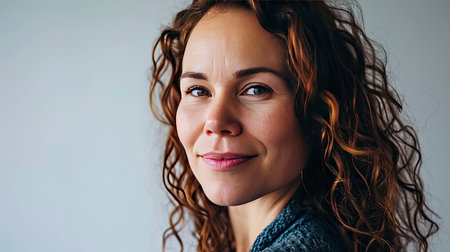 Portrait of a happy middle-aged woman looks in camera on white background.の素材