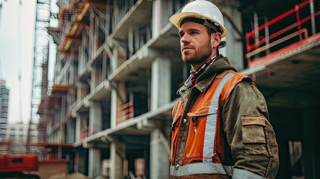 Portrait of a construction worker dressed in work uniform and wearing a hard hat. He is posing at his work site, a building under constructionの素材