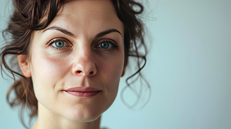 Portrait of a happy middle-aged woman looks in camera on white background.の素材