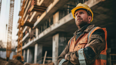 Portrait of a construction worker dressed in work uniform and wearing a hard hat. He is posing at his work site, a building under constructionの素材