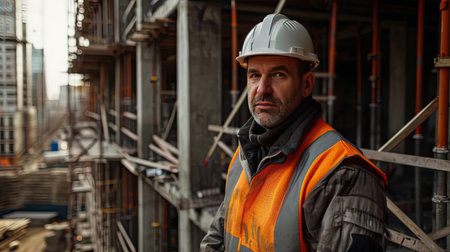 Portrait of a construction worker dressed in work uniform and wearing a hard hat. He is posing at his work site, a building under constructionの素材