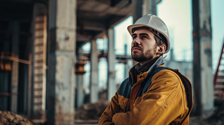 Portrait of a construction worker dressed in work uniform and wearing a hard hat. He is posing at his work site, a building under constructionの素材