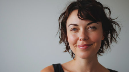 Portrait of a happy middle-aged woman looks in camera on white background.の素材