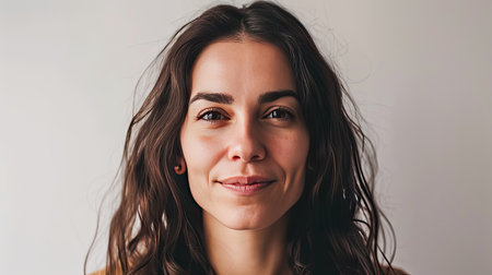 Portrait of a happy middle-aged woman looks in camera on white background.の素材