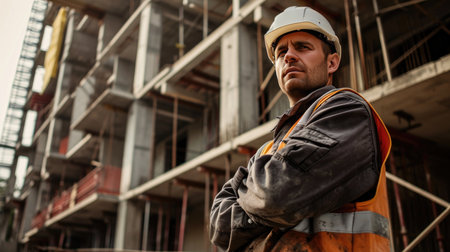 Portrait of a construction worker dressed in work uniform and wearing a hard hat. He is posing at his work site, a building under constructionの素材