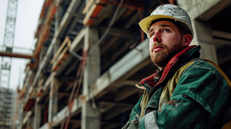 Portrait of a construction worker dressed in work uniform and wearing a hard hat. He is posing at his work site, a building under constructionの素材