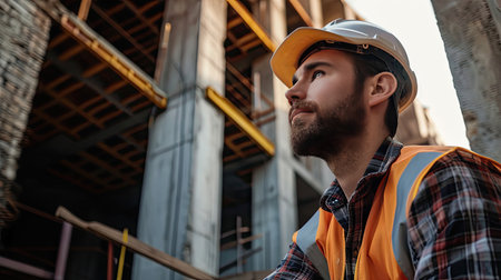 Portrait of a construction worker dressed in work uniform and wearing a hard hat. He is posing at his work site, a building under constructionの素材