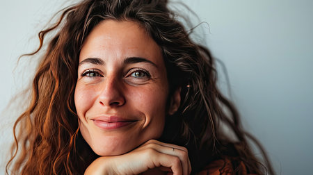 Portrait of a happy middle-aged woman looks in camera on white background.の素材