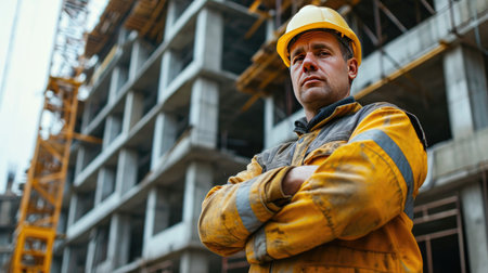 Portrait of a construction worker dressed in work uniform and wearing a hard hat. He is posing at his work site, a building under constructionの素材