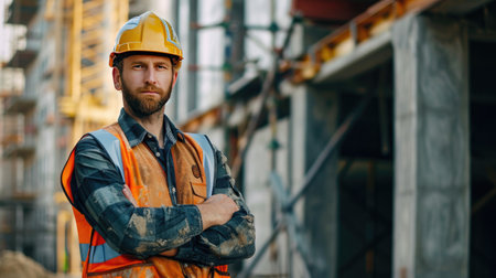 Portrait of a construction worker dressed in work uniform and wearing a hard hat. He is posing at his work site, a building under constructionの素材