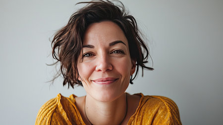 Portrait of a happy middle-aged woman looks in camera on white background.の素材