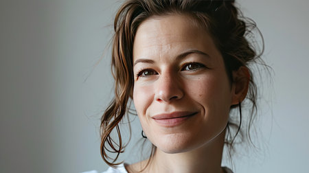Portrait of a happy middle-aged woman looks in camera on white background.の素材