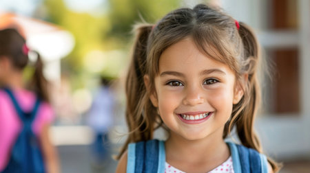 Portrait of a child girl on her first day at school.の素材