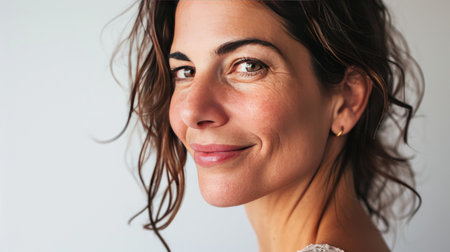 Portrait of a happy middle-aged woman looks in camera on white background.の素材