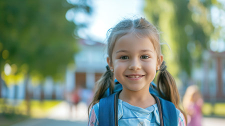 Portrait of a child girl on her first day at school.の素材