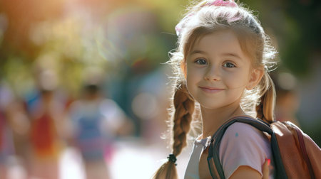 Portrait of a child girl on her first day at school.の素材