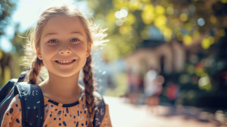 Portrait of a child girl on her first day at school.の素材