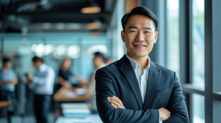 Portrait of a handsome smiling asian businessman boss standing in his modern business company office.の素材