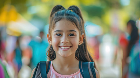 Portrait of a child girl on her first day at school.の素材