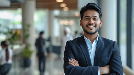 Portrait of a handsome smiling asian indian businessman boss standing in his modern business company office.の素材