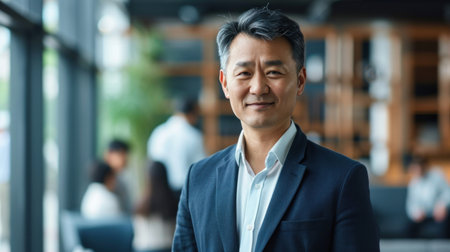 Portrait of a handsome smiling asian businessman boss standing in his modern business company office.の素材