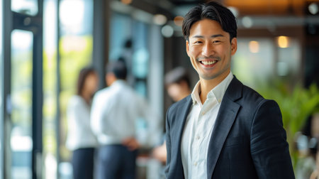 Portrait of a handsome smiling asian businessman boss standing in his modern business company office.の素材